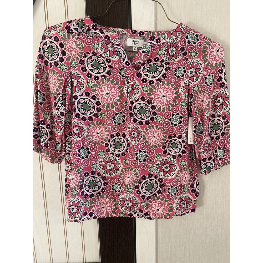 Crown & Ivy Girls Floral Medallion Peasant Top Pink Green Size Small NWT